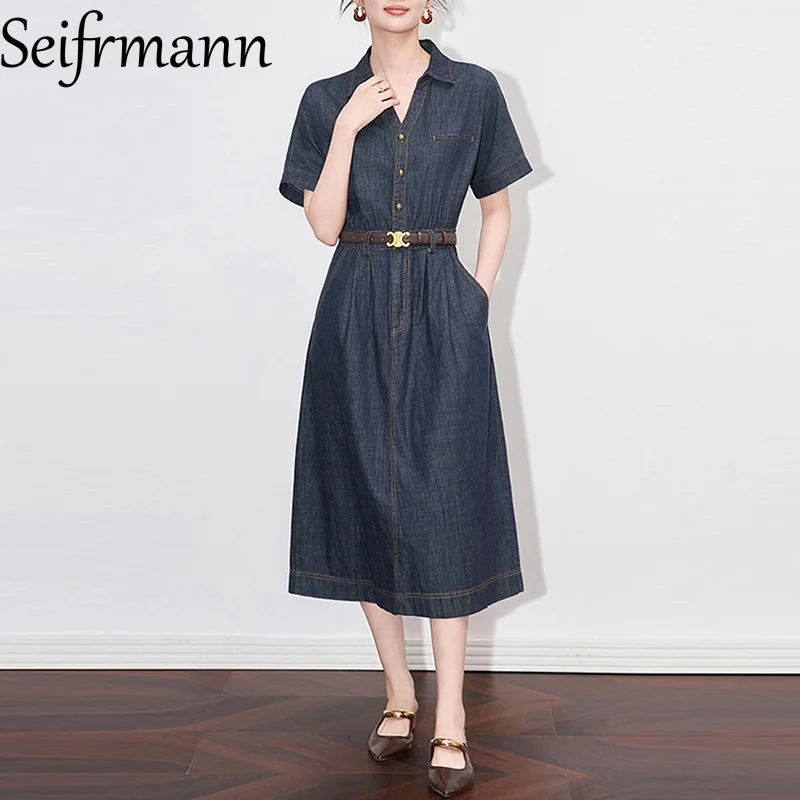

Seifrmann Solid Short-Sleeved Summer Dress For Women Turn-Down Collar Denim Lace-Up Single Breasted Elegant Dresses