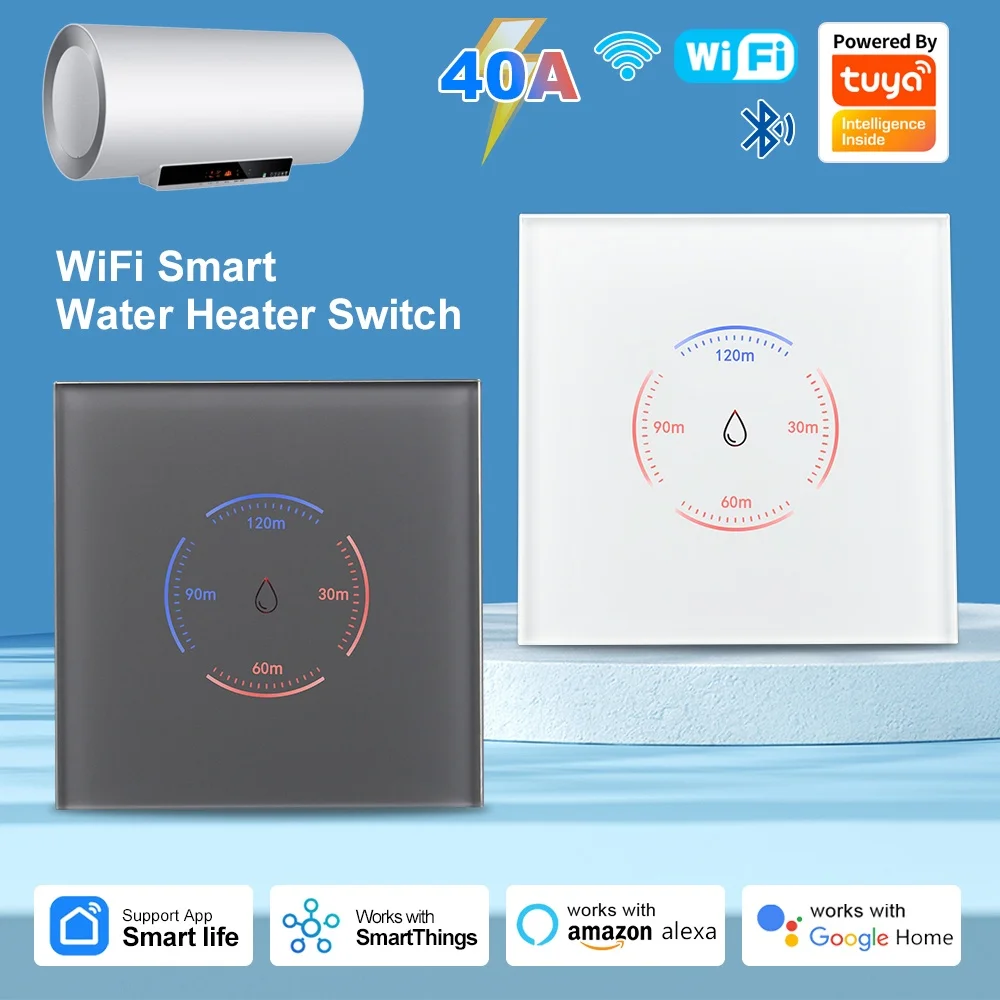 Manhot Tuya WiFi EU Boiler Water Heater Timer Touch Switch 40A 8000W Works With Alexa Google Home Smart Life APP Voice Control