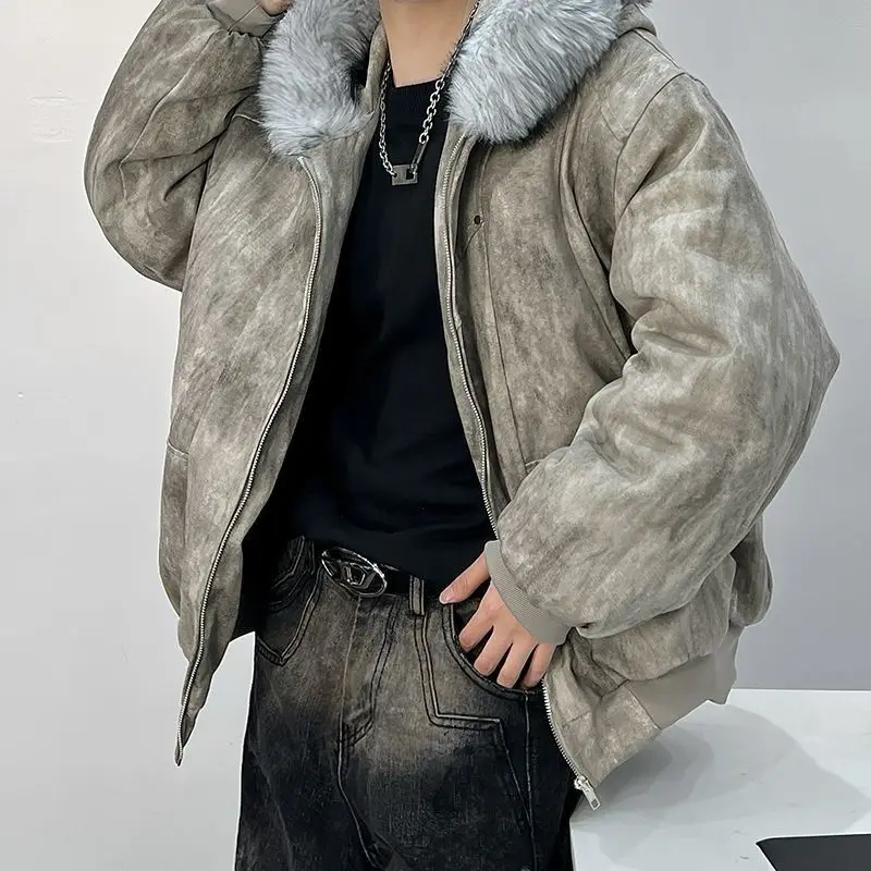 

Зимняя мужская хлопковая куртка с меховым воротником, вышивкой в виде орла и дизайном в стиле тай-дай, уличная куртка, утолщенная и комфортная.