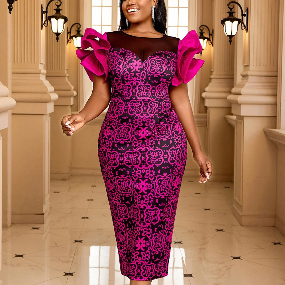 

Elegant Bodycon Dresses for Woman O Neck Ruffles Sleeve Printed Sheath Package Hips Mid Calf Luxury Birthday Party Dinner Dress