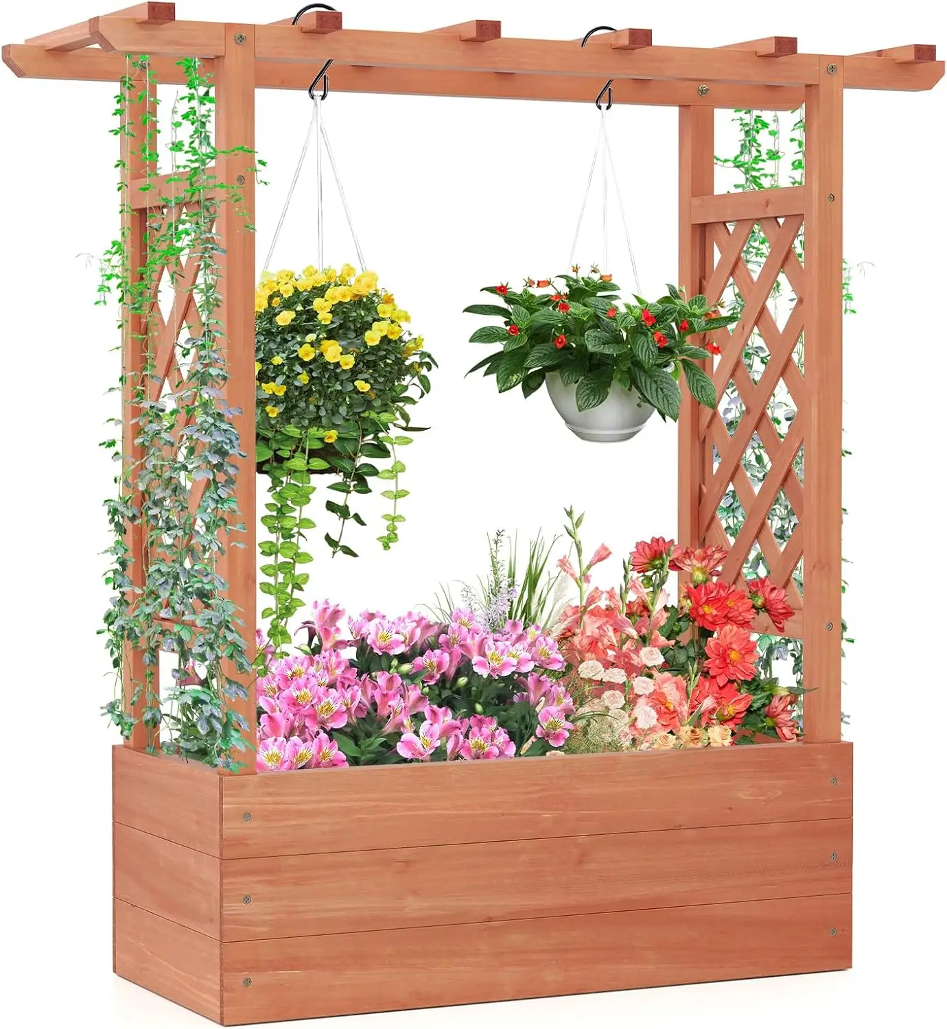 Giantex Raised Garden Bed with 2-Sided Trellis & Hanging Roof, Fir Wood Planter Box w/Drainage Holes, Freestanding Garden Plante
