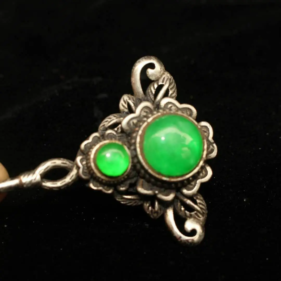 Chinese Old Craft Made Old Tibetan Silver Emerald Inlaid Jade hairpin