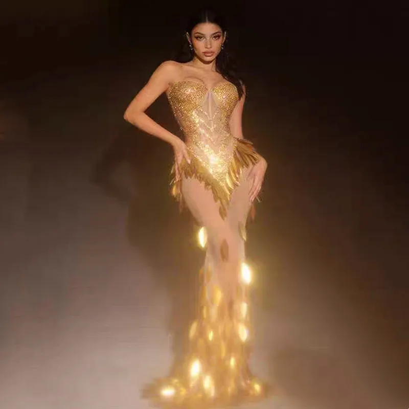 Sparkly Gold Rhinestones Fake Feather Strapless Birthday Celebrate Evening Prom Long Dress Women Sexy Photo Shoot Runway Costume