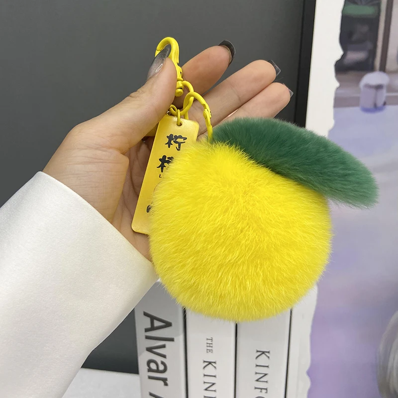 New Lemon Keychain Accessories 100% Natural Rex Rabbit Hair Pendants Ladies Plush Bag Pendants Men\'s Cars Cute Wome Key Holder