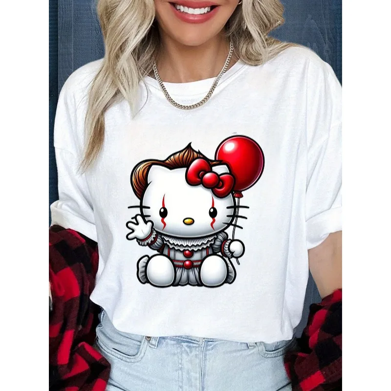 

Women Scary Cute Hello Kitty Clown Anime Print T-Shirt Halloween Party Horror Theme Event Avant-Garde Casual Cotton Short Sleeve