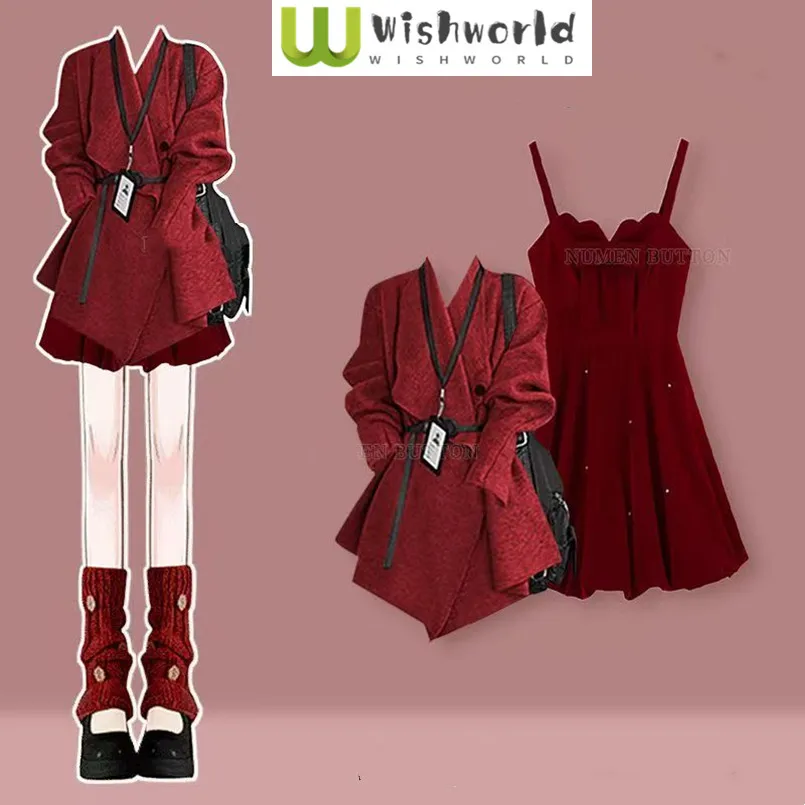 Mode-Set für Damen, Herbst/Winter, Alterung, Weihnachten, gestricktes Hemd, roter Mantel + niedlicher Stil, Trägerrock, zweiteiliges Set