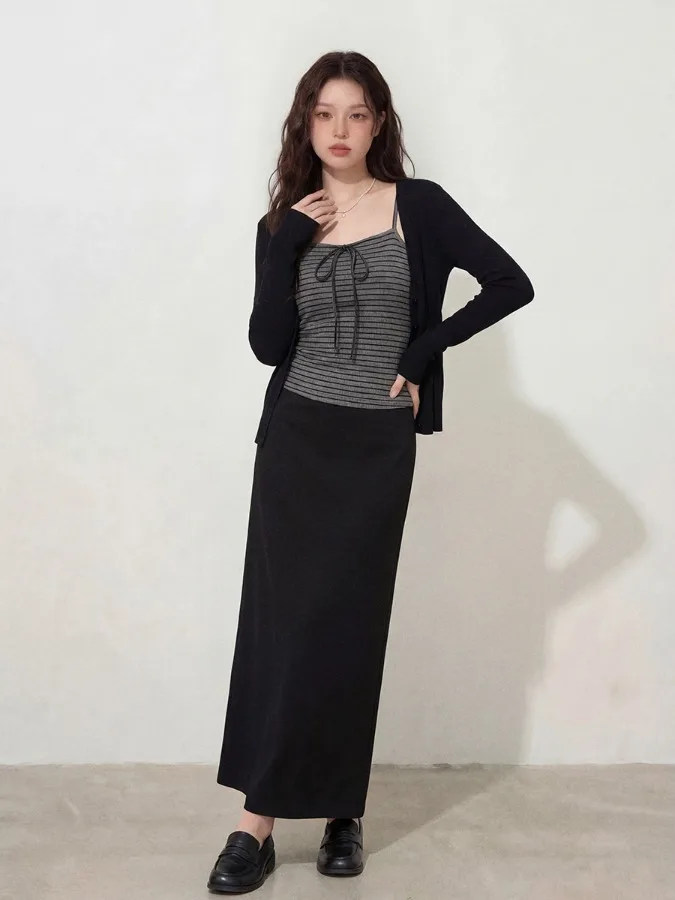 

plus Size Women's Striped Off-Shoulder Cardigan Top And A-Line Skirt Set Spring Summer New Style High Waist Anti-Aging