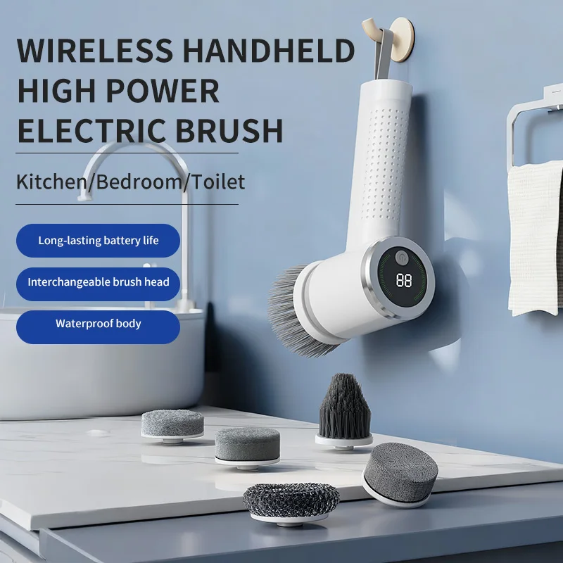 5 Cordless Cleaning Brushes with Replaceable Brush Heads, Wireless Electric Rotating Floor Scrubber