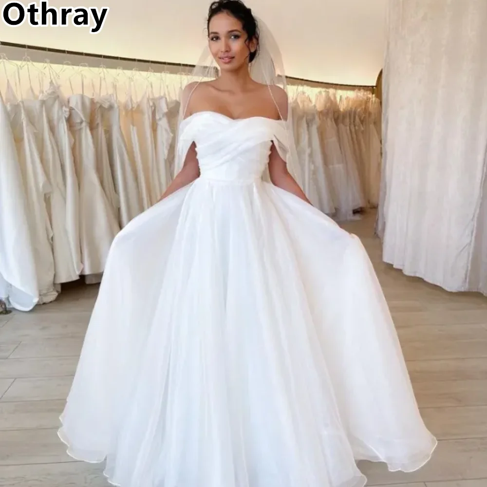 Othray elegante una línea vestidos de novia novia mujeres fuera del hombro Organza drapeado plisado escalonado barrido tren vestidos de novia para boda