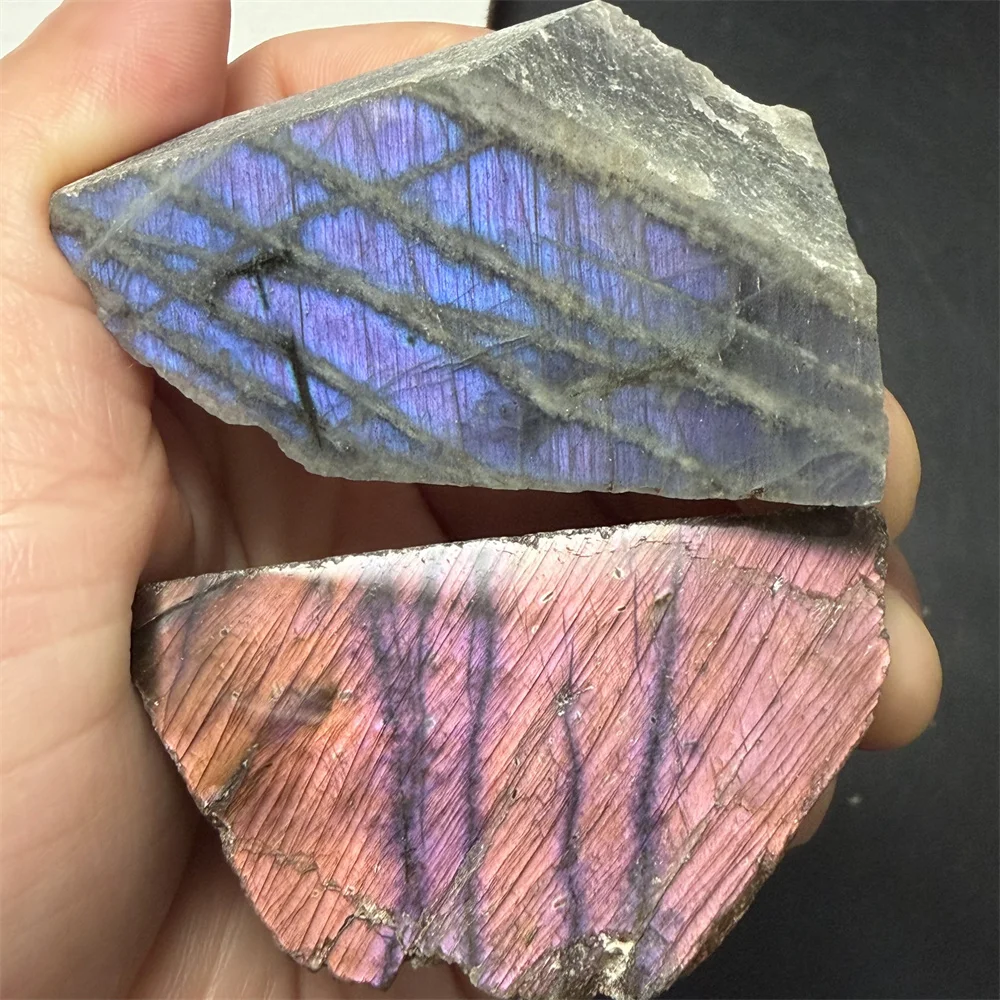 2PCS Rough Sliced Natural Purple Pink Light Labradorite Ornament Rainbow Yellow Blue Orange Light Labrador Stones Specimen Block