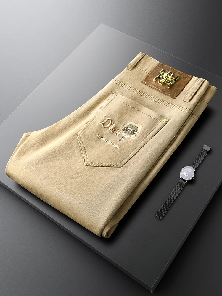 

Khaki Casual Embroidered Slim Fit Men's Jeans Business Pants Quality Straight Leg Autumn Winter Men's Fashion Jeans