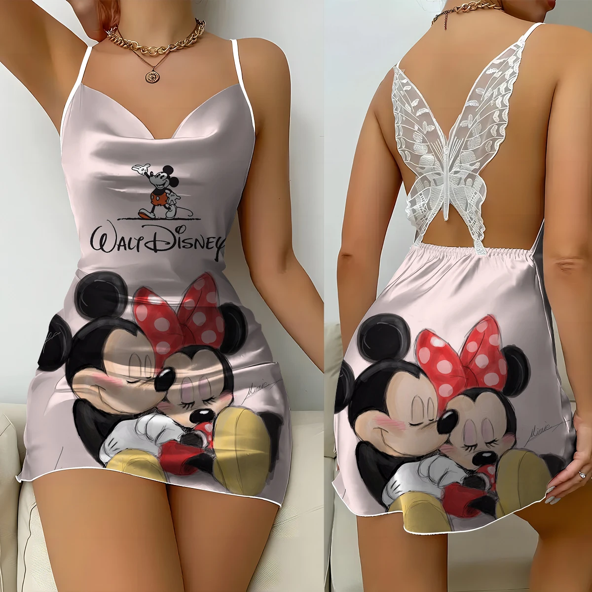 Disney Mickey Minnie Print V-Ausschnitt Hosenträger rücken frei Mini Nachthemd Mode sexy Stil Kleid Frauen zu Hause Kleidung