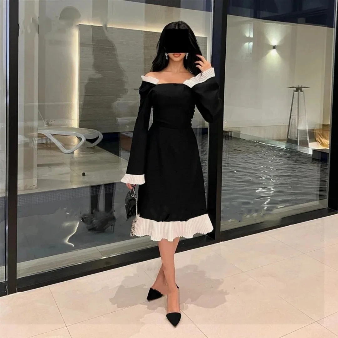 

New Black Prom Dresses For Woman Short Off Shoulder Wear Long Sleeves White Evening Party Gown Pleats A Line Wedding Party Dress