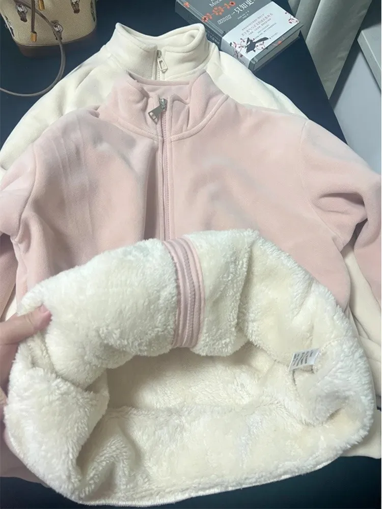 

Pink Fleece Lined Thickened Cardigan Sweatshirt Unisex Autumn Winter Warm Inner Wear Cotton Fabric Casual Style Zipper Closure
