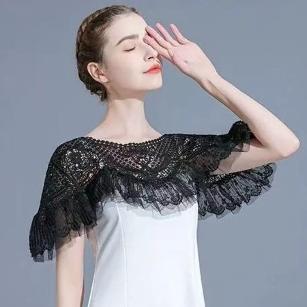 Elegant Vintage Cheongsam Crochet Tippet Lace Mesh Trim Hollow-Out Shawl White Polyester Shawl Cape Coat Parties