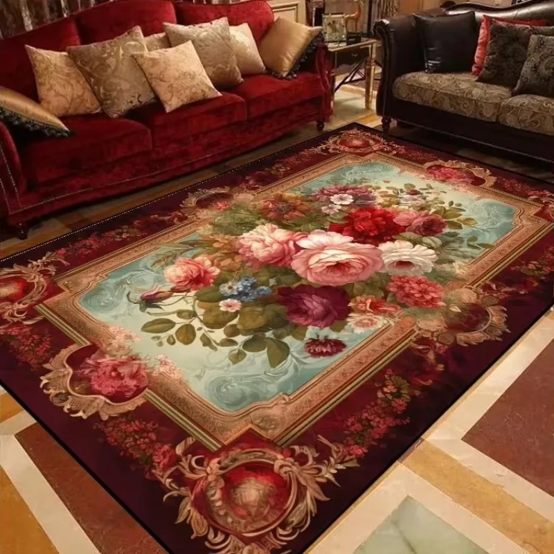 Luxury European Floral Area Rug Soft Flannel Carpet Vintage Rose Bloom Pattern for Living Room Bedroom Large Floor Decor Mat
