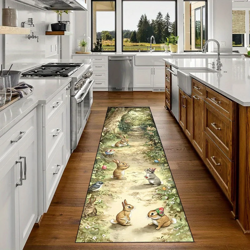 VIKAMA Forest Rabbit Easter Runner Rug Non-Slip Wear-Resistant Home Kitchen Corridor Decorative Doormat