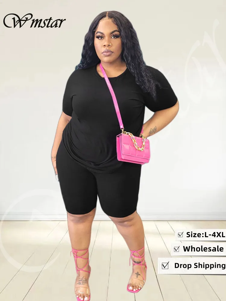 Wmstar Plus Size Two Piece Oufits Women Clothing Super Stretch Solid Top Shits Casual Matching Short Sets Wholesale Dropshipping