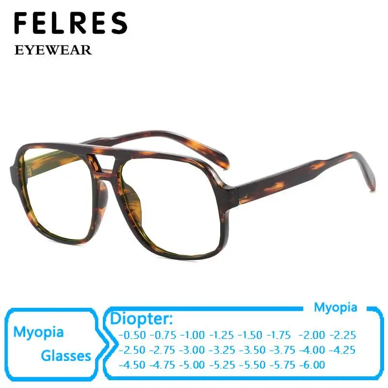 Large Frame Fashion Men Anti Blue Light Myopia Glasses Pilot Women Finished Prescription Glasses Negative Diopter -0.5 -1.0