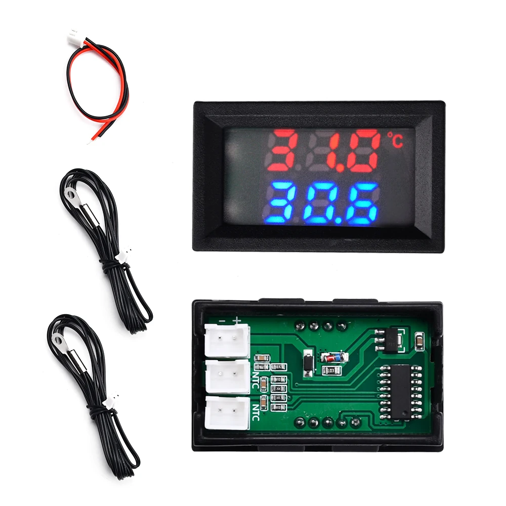 DC 4-30V 5V 12V 24V LED Display Dual Digital Temperature Sensor Single Voltage Dual Thermometer With NTC 10K 3950 Probe Cable