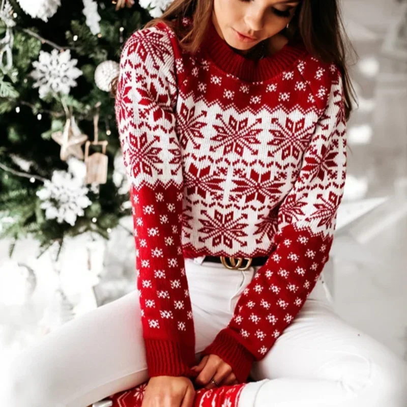 

Hot Selling Christmas Women's Sweater Santa Print Long Sleeve Round Neck Christmas Knitted Pullover Sweater Tops Sweater Knitwea