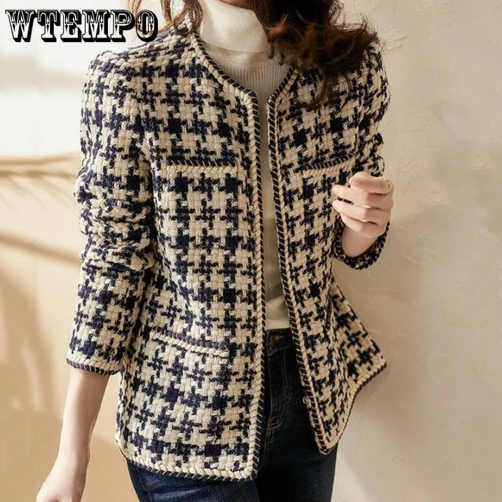 WTEMPO Vintage Early Autumn Tweed Women Jacket Elegant Grid Lady Winter Cardigan Open Front Plaid Outwear