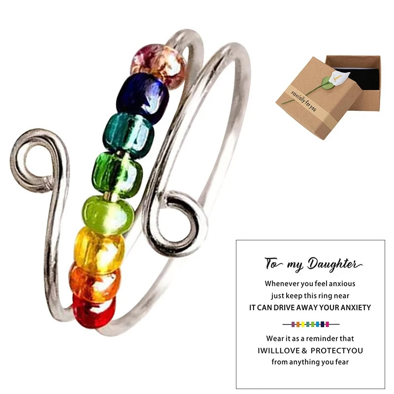 

Top Deals Drive Away Your Anxiety Rainbow Beads Fidget Ring,Adjustable Anxiety Ring For Daughter,Ring With Beads Spinner Ring