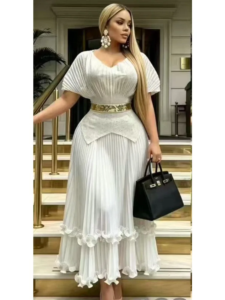 2026 Miyake Pleated New Bronzing V-neck Top + Half-body Pendulum Dress Fashion Two-piece Women's Clothing