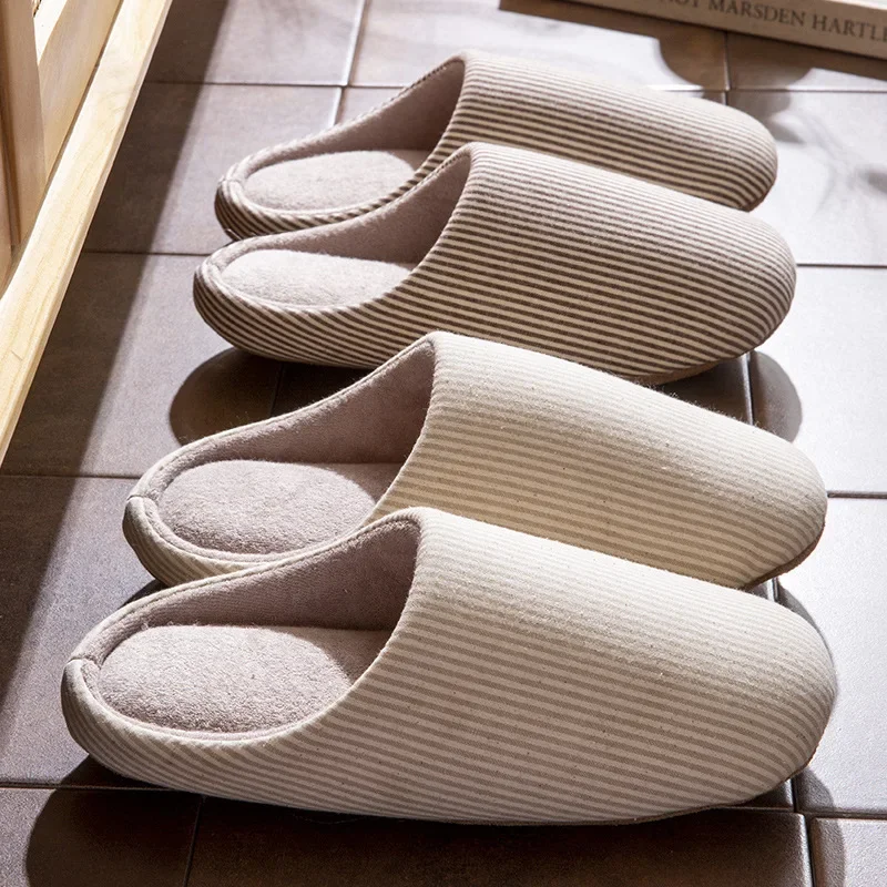 Couples Striped Home Plush Slient Slippers Women Autumn Soft Warm Cotton Shoes House Men Slides Indoor Flats Bedroom Hotel Shoes