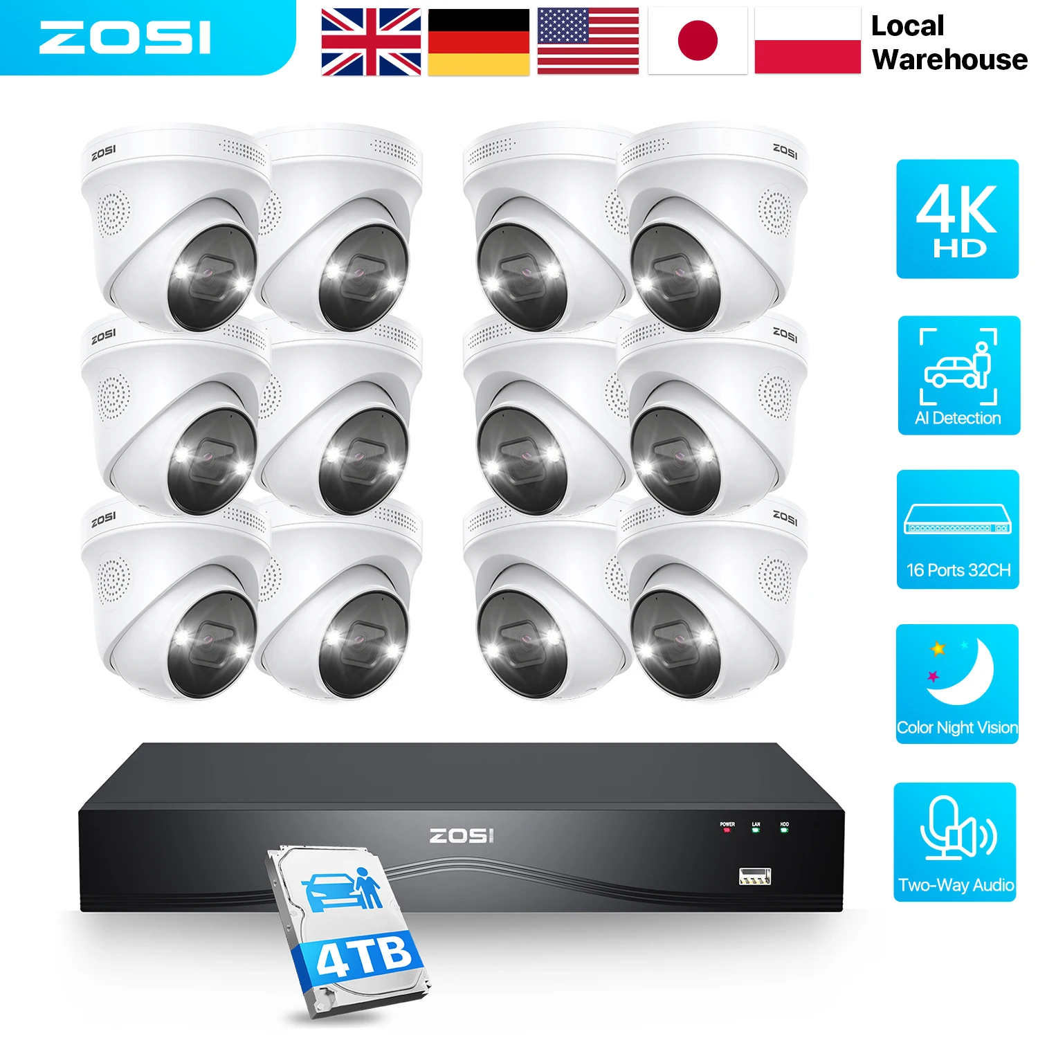 

ZOSI 4K PoE CCTV Camera Full System Kit 16 Port 32CH Dual-Disk NVR 8MP Out/Indoor Video Surveillance for Home Business Security