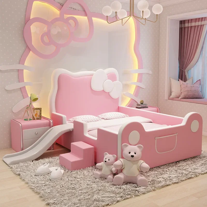 Children's furniture Children's bed Girl pink princess bed Solid wood with guardrail slide Bedroom single bed