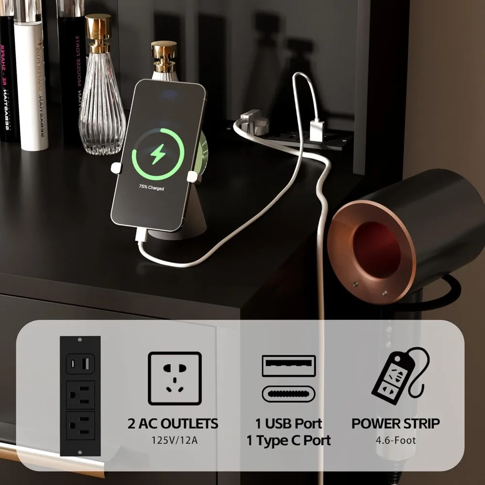 مكتب فانيتي مع مرآة وأضواء LED وطاولة مكياج بمنفذ طاقة مع 7 أدراج و6 أرفف تخزين #6