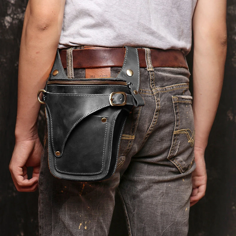Men's Retro Double Zipper Waist Bag Solid Color Simple Outdoor Multi-functional Waist Bag Rivet Stitching Decor Large Capacity