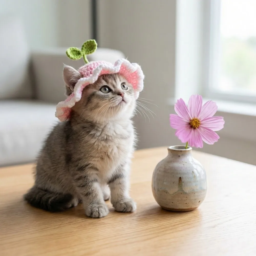 Adjustable Crochet Cat Knitted Hat Handmade Warm Cat Tied-up Hat Cartoon Cute Pet Cap Photo Props