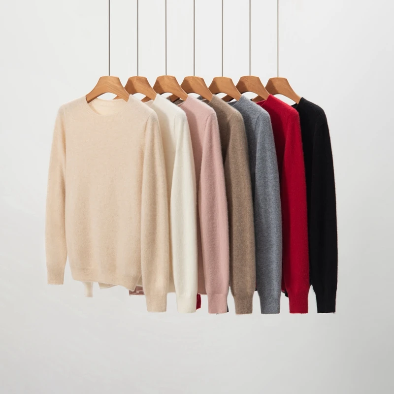 

12GG Binding O-Neck Chic Long Sleeve Sweater High Quality 100% Cashmere Knitted Basic Soft Solid Women's Pullovers Warm Tops