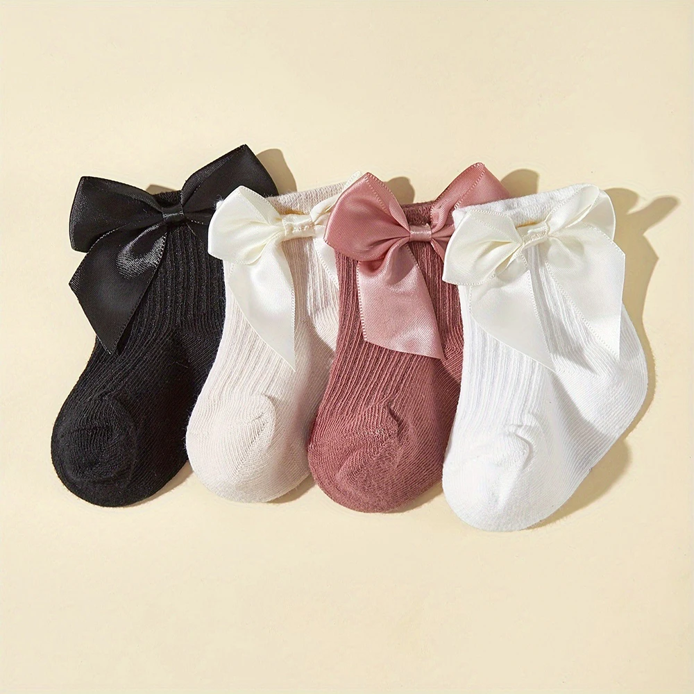 4 Pairs/Lot Summer Kids Socks 0-6T Solid Color Bow Baby Socks Pit Stripe Children Princess Socks Ventilate Girls Socks