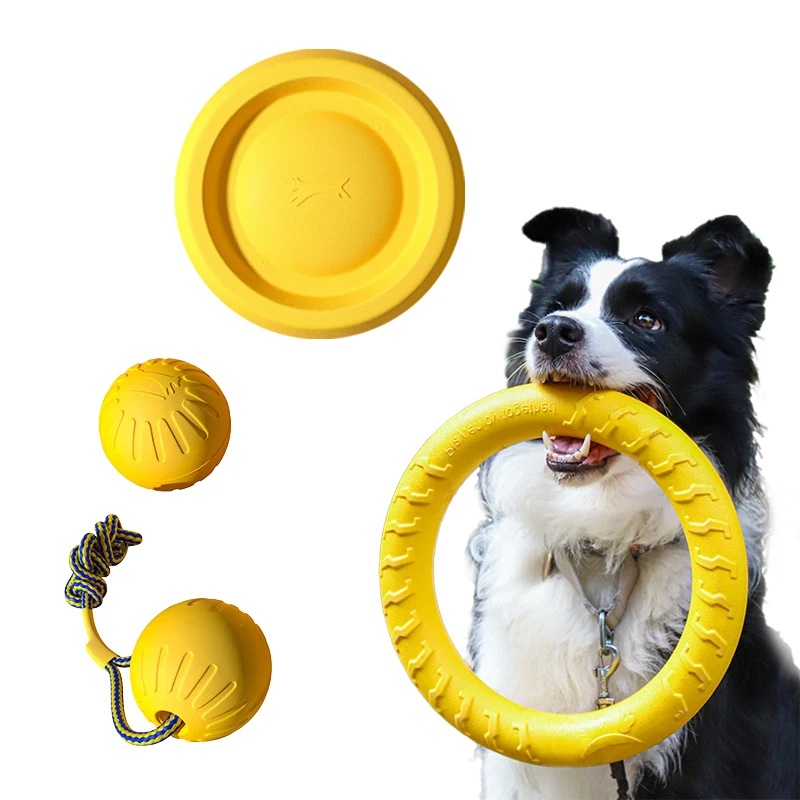 1× langlebiges EVA-Hundespielzeug, 19/29 cm Trainingsring und 7/9 cm Zerrseilball für Welpen und erwachsene Hunde, kaubeständige Zahnreinigungs- und Freizeitgeräte