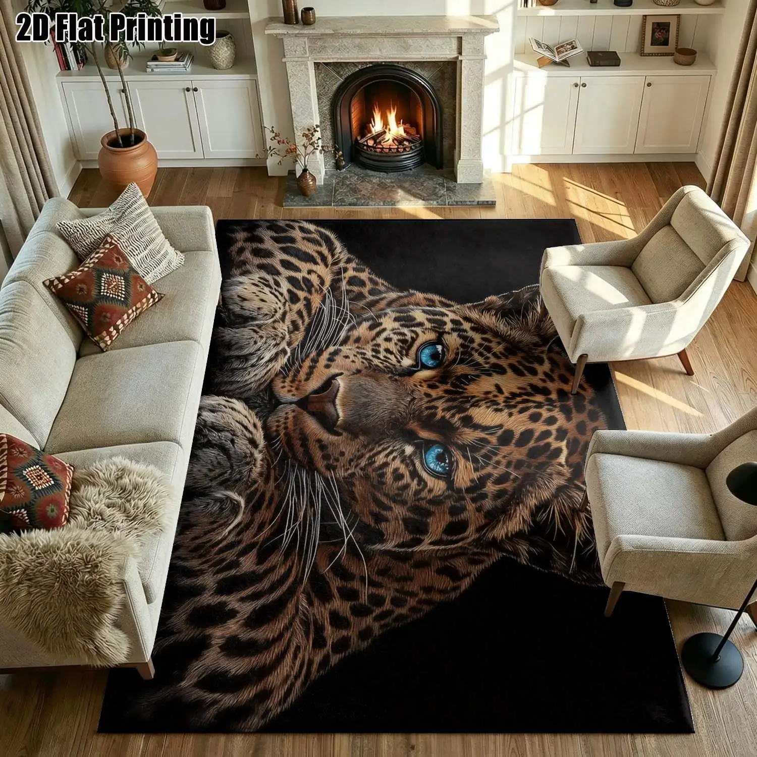 1Pc 2D Printed Black Background Blue-Eyed Leopard Pattern Carpet Nordic/Instagram/Modern Minimalist/European/Vintage Style, Machine Washable, Multi-Size, Ideal for Home Decor, Entryway/Dining Room/Foyer/Living Room/Bedroom.