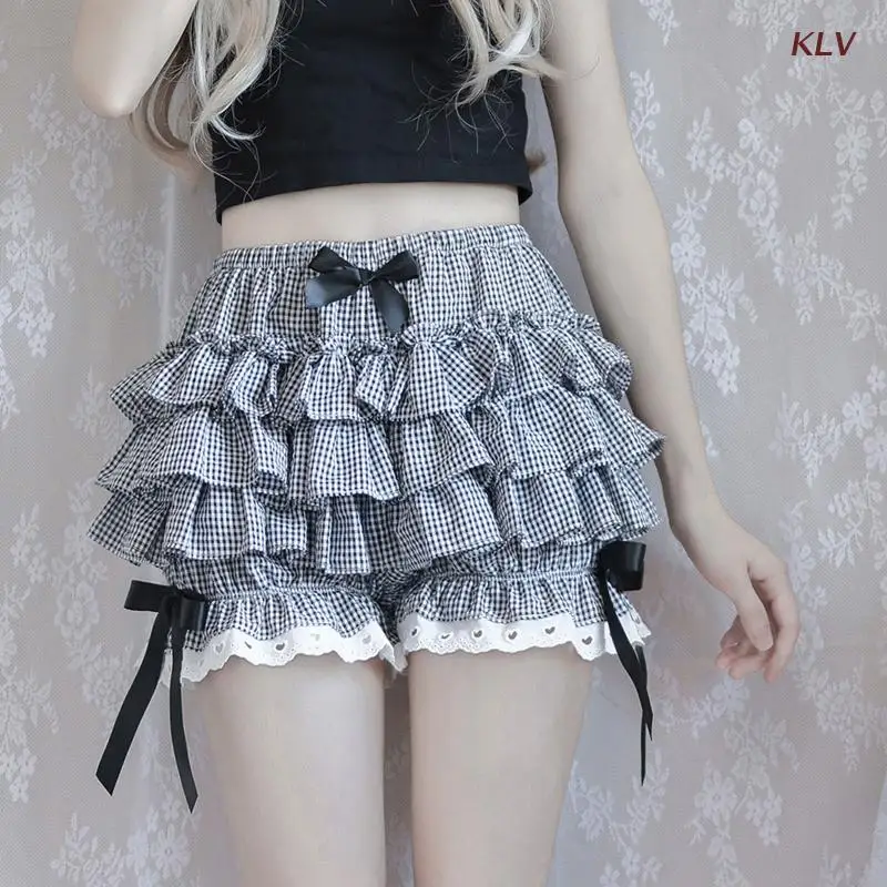 

Women Girls Vintage Lolita Bloomers Loose Pumpkin Pants Solid Ruffled Lace Hem Sweet Bowknot Gothic Elastic Waist Safety