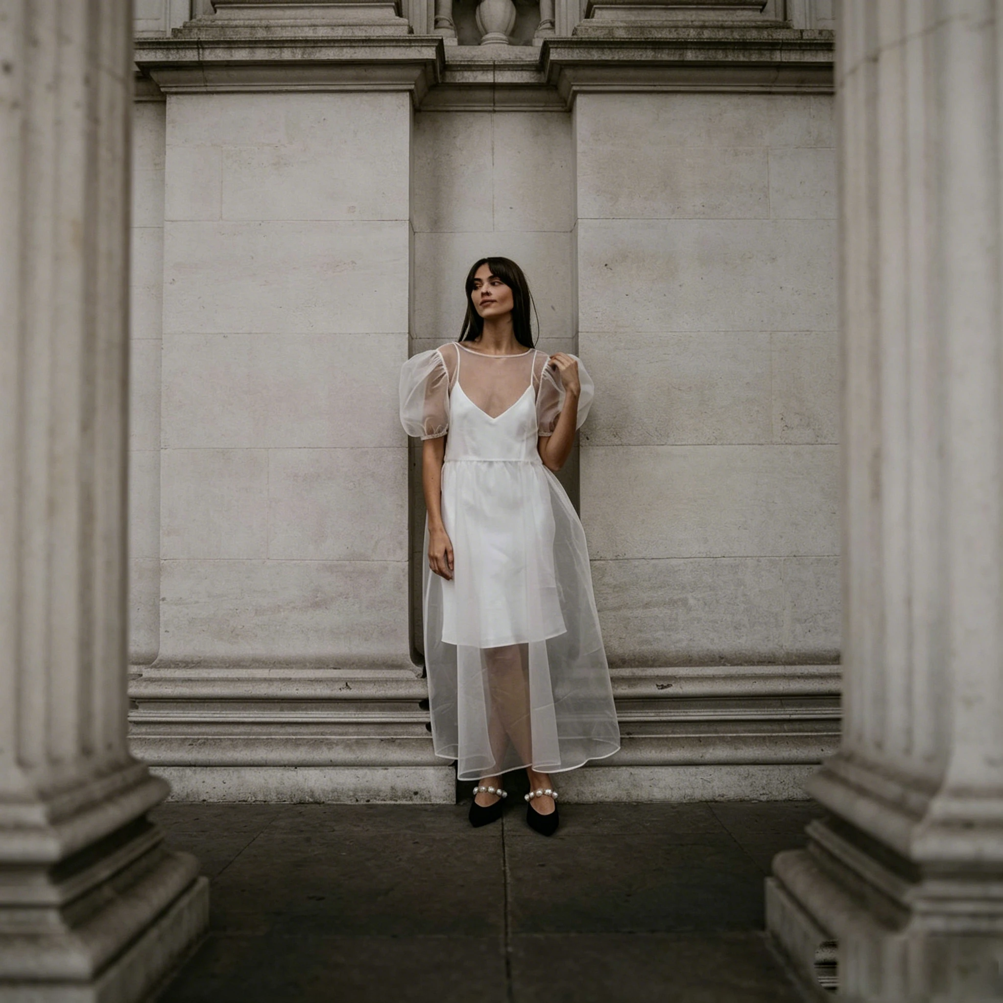 Organza Puff Sleeve White Midi Bridal Dress Backless Satin Slip V Neck Civil Registry Elopement City Hall Wedding Photo Gown image 2