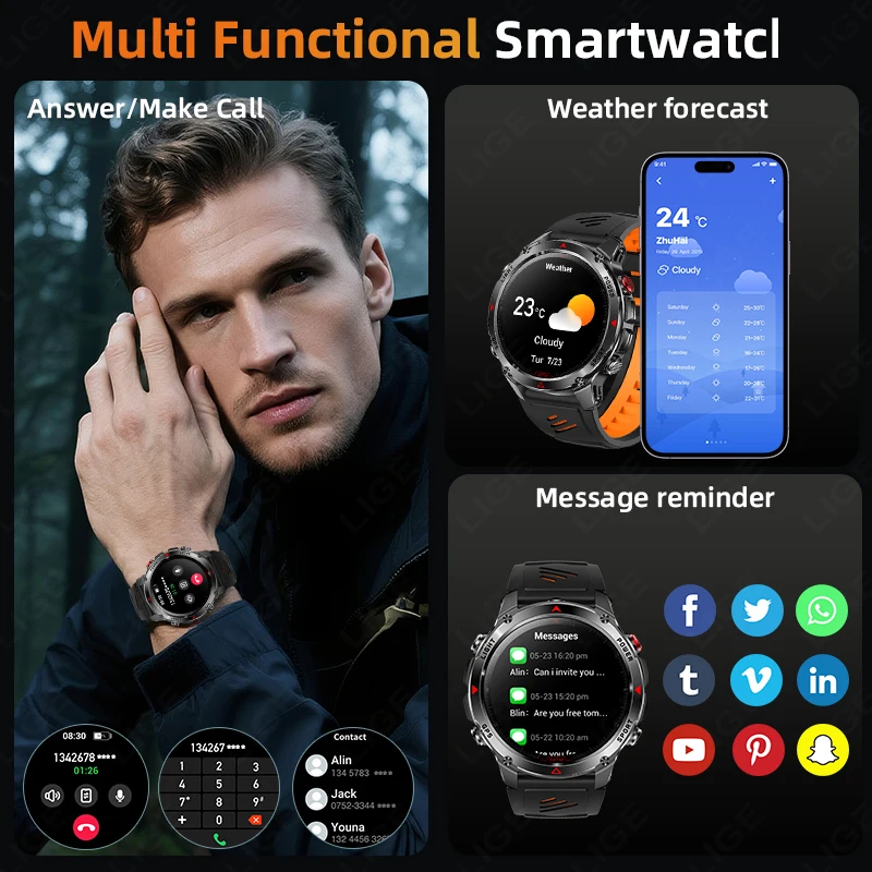 LIGE 2025 New Professional GPS Track Sports Smartwatch Outdoor RIDE Run Compass Altimeter 3ATM Fitness Bracelets 540mAh Watches