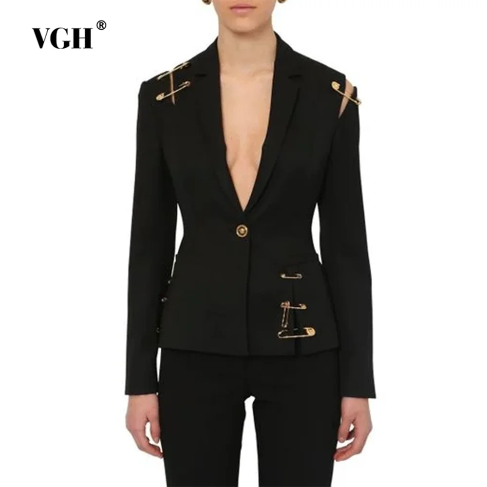 VGH Solid Patchwork Metal Buckle Blazers For Women Notched Collar Long Sleeve Spliced Button Minimalist Slimming Blazer Female