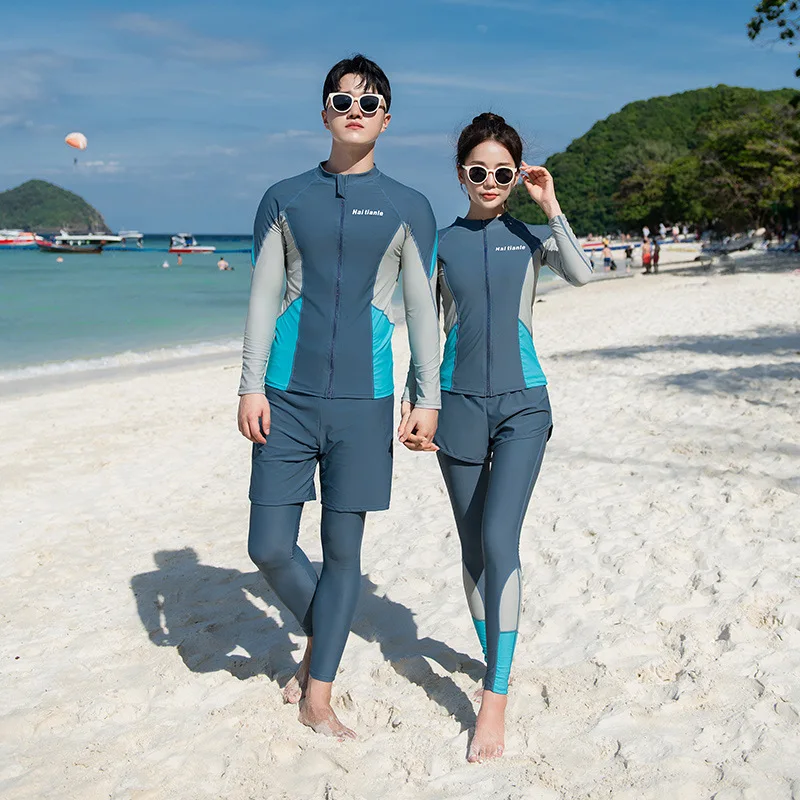 

Rash Guards Couples 2024 Sports Long Sleeve 3-5 Pieces Swimsuit Women Men Swimwear Zip Bathing Suits Surfing Shorts Long Pants