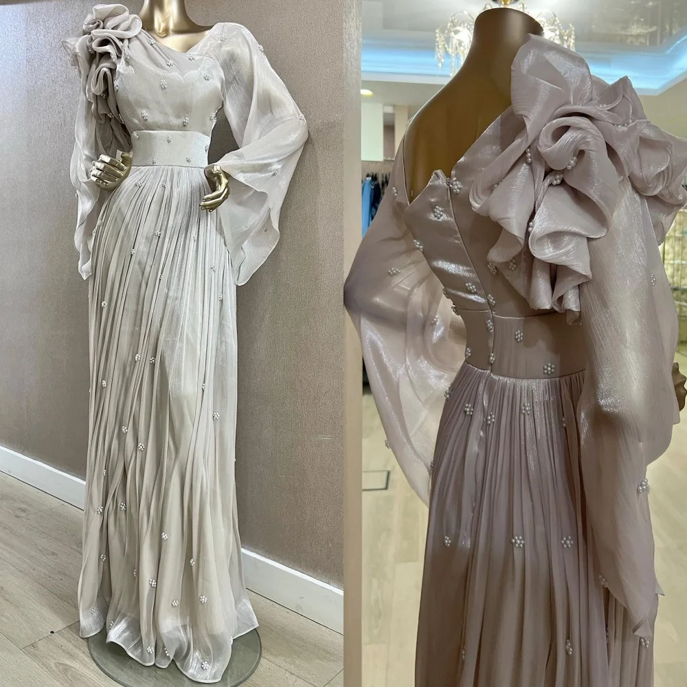 

Customized Modern Style Elegant Pearl Ruched Straight Scoop Neck Long Dresses Bespoke Occasion Dresses Sizes Available Matching