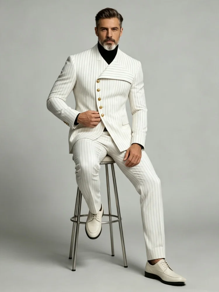 Luxury Mens Pinstripe Suit Set Slim Fit Unique Oblique Lapel Formal Wedding Suit Blazer Pants