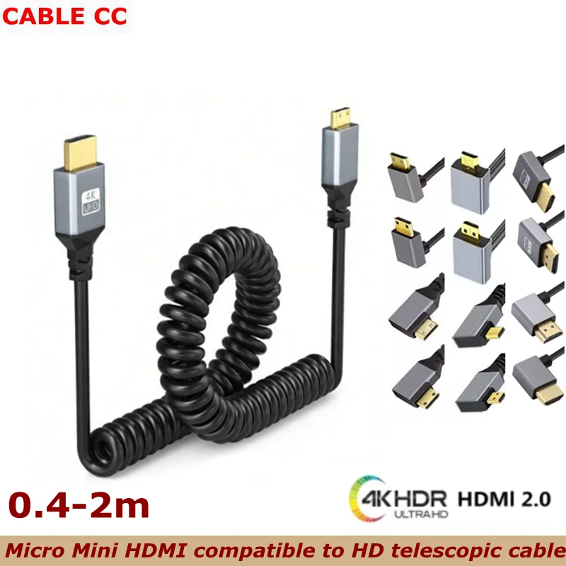 Micro Mini HDMI 2.0 Male to HDMI Male 4K 60hz Stretch Coiled Cable Left Angled 90 Degree for HDTV Computer Laptop Monitor