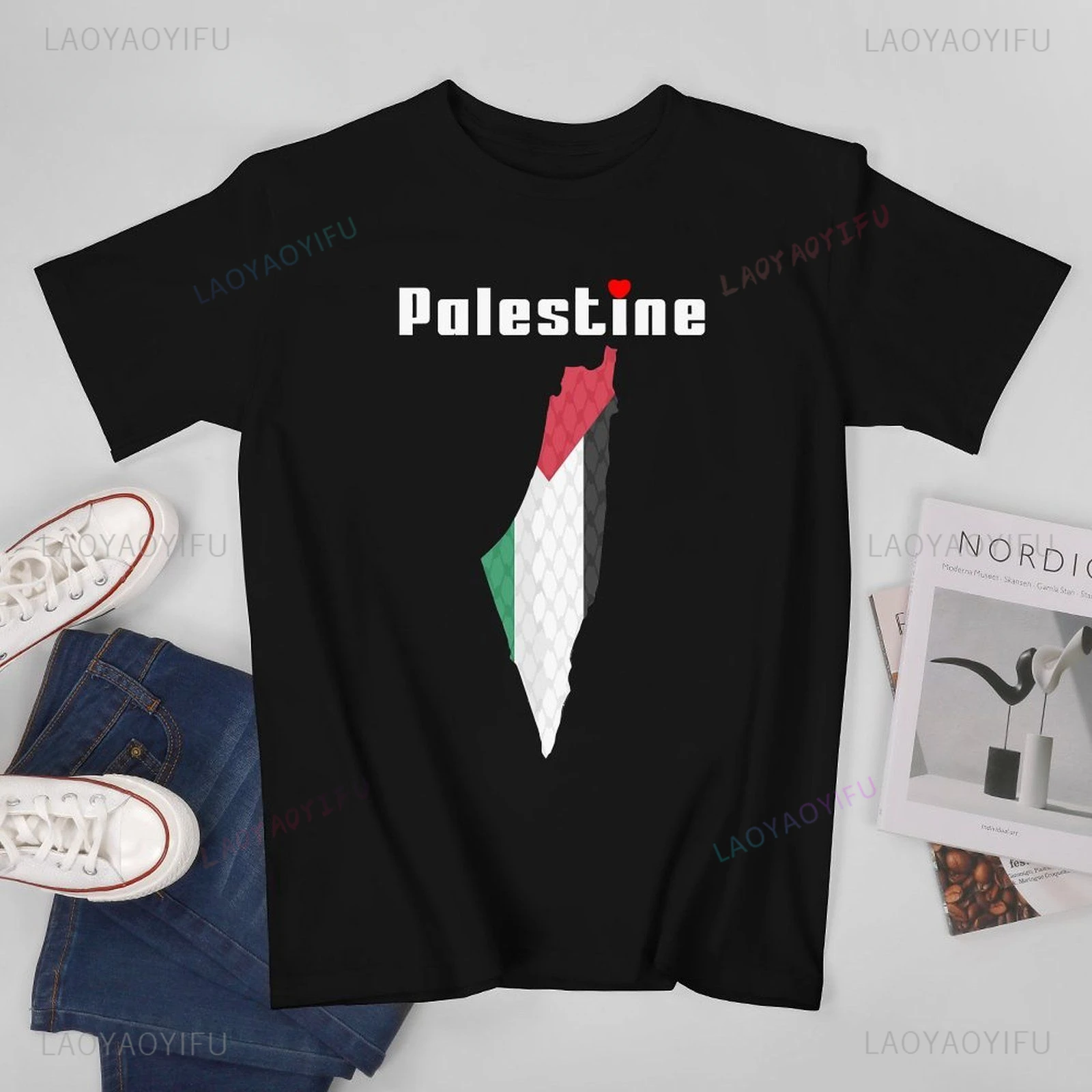 Simple Unisex Men Palestine Flag Palestinian Map Printed T-shirt Simple Tees T Shirts Women Boys Classic Cotton T-Shirt