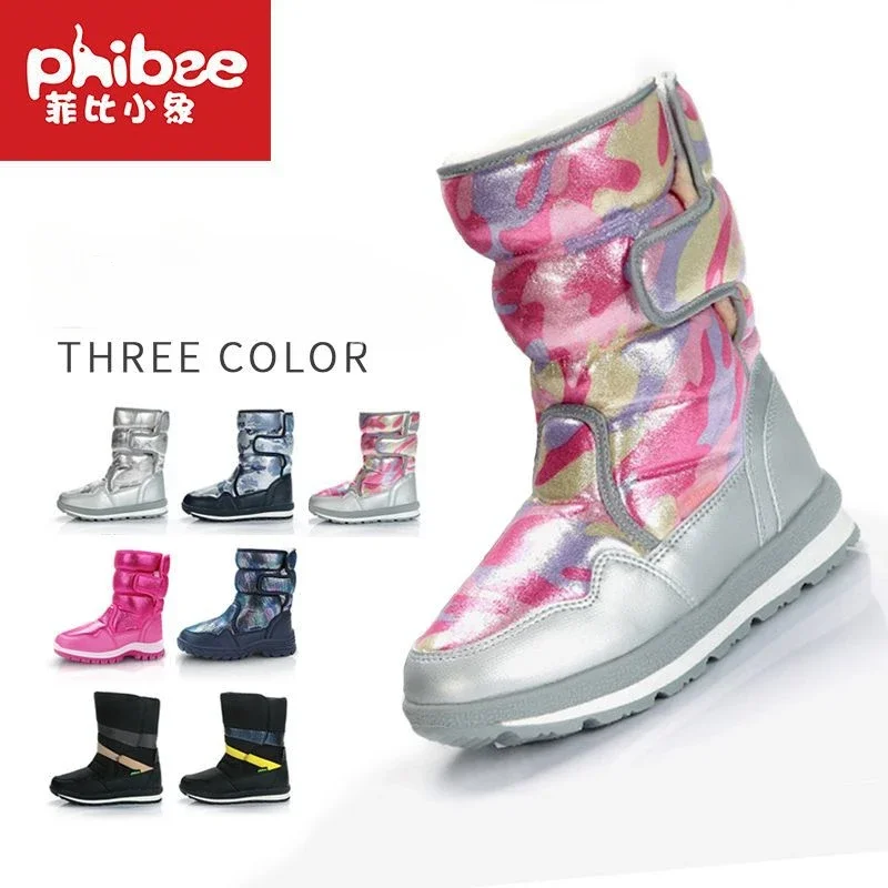 Phibee New Kids Ski Shoes Winter Outdoor Snow Boots Non-slip Warm Velvet Thickened Snow Shoes Thick Sole Snowboard Boots