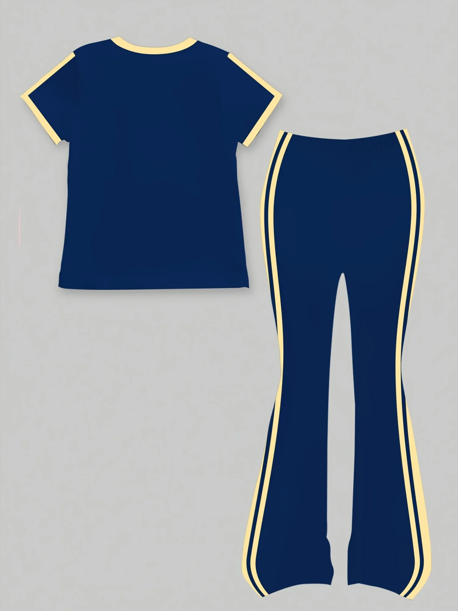 Girls' Summer and Autumn Casual Outfit: Short-sleeve top with yellow trim + bell-bottom pants two-piece set with bow print, suitable for girls over 3 years old, casual sportswear