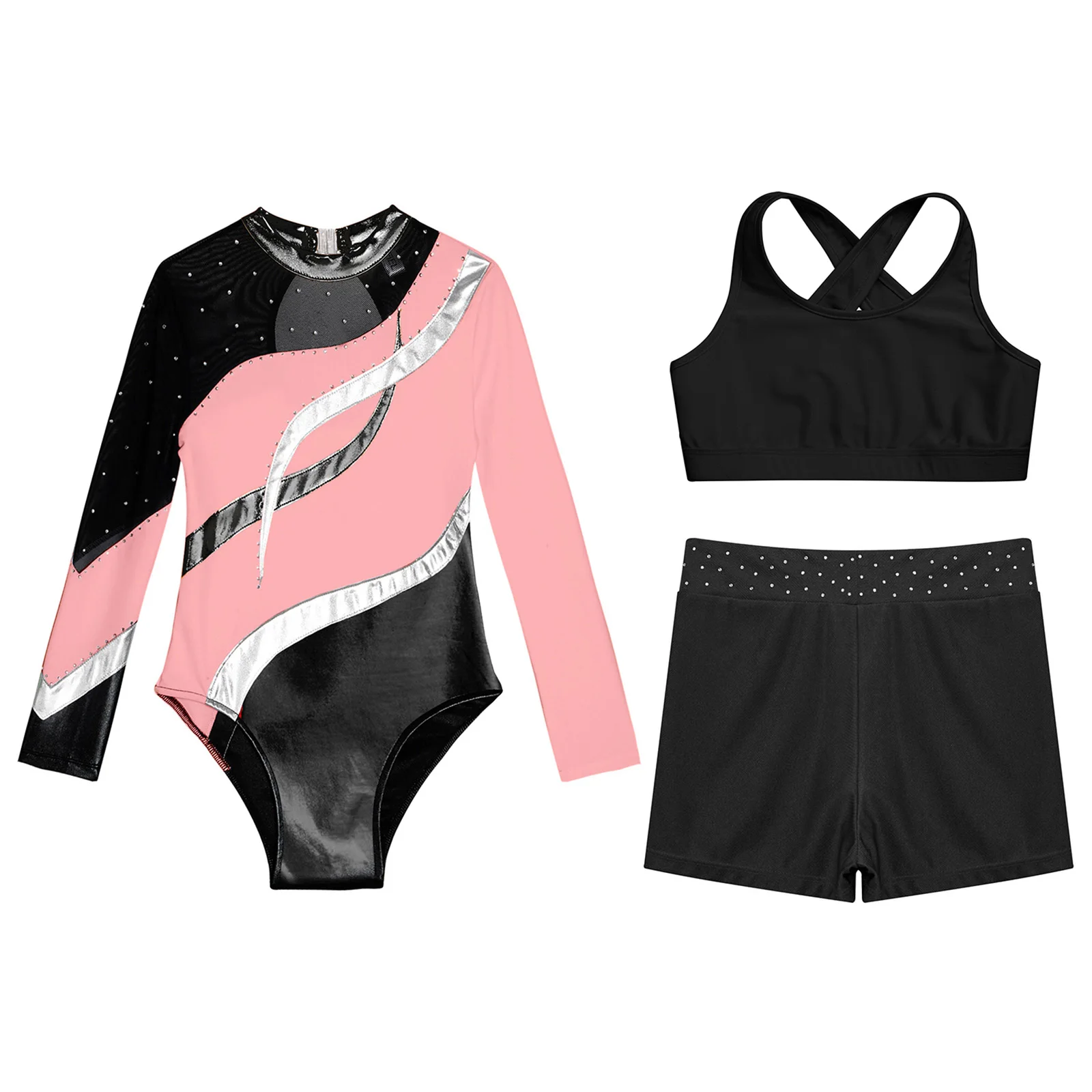 

3Pcs Kid Girl Gymnastics Dance Outfit Long Sleeve Leotard for Ballet Dance with Vest Rhinestones Shorts Performance Clothes Suit
